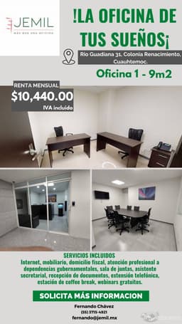 RENTA DE OFICINA AMUEBLADA RÍO GUADIANA OF1