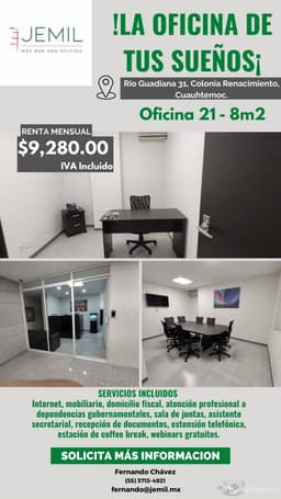 EN RENTA OFICINA AMUEBLADA RÍO GUADIANA OF21